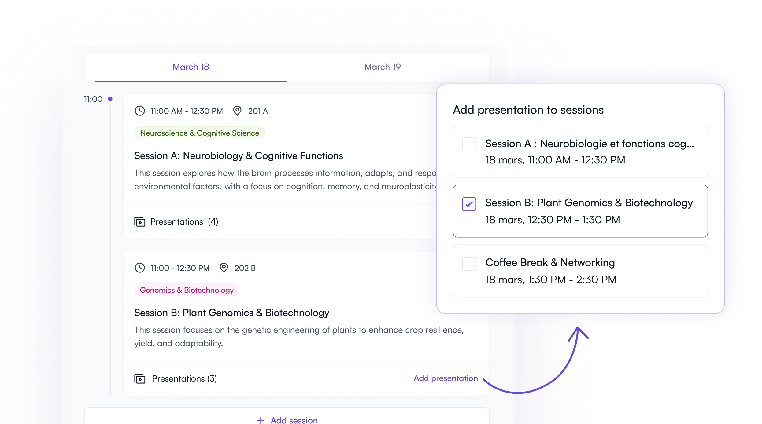 Drag and drop conference schedule builder in Fourwaves