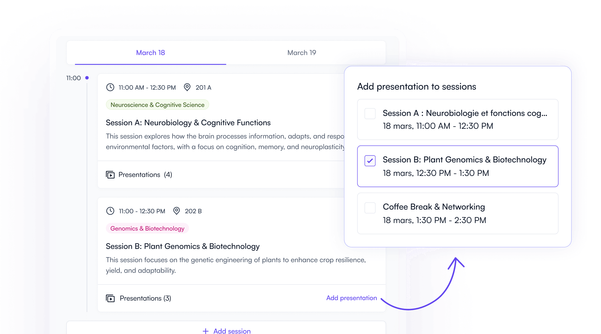 Drag and drop conference schedule builder in Fourwaves