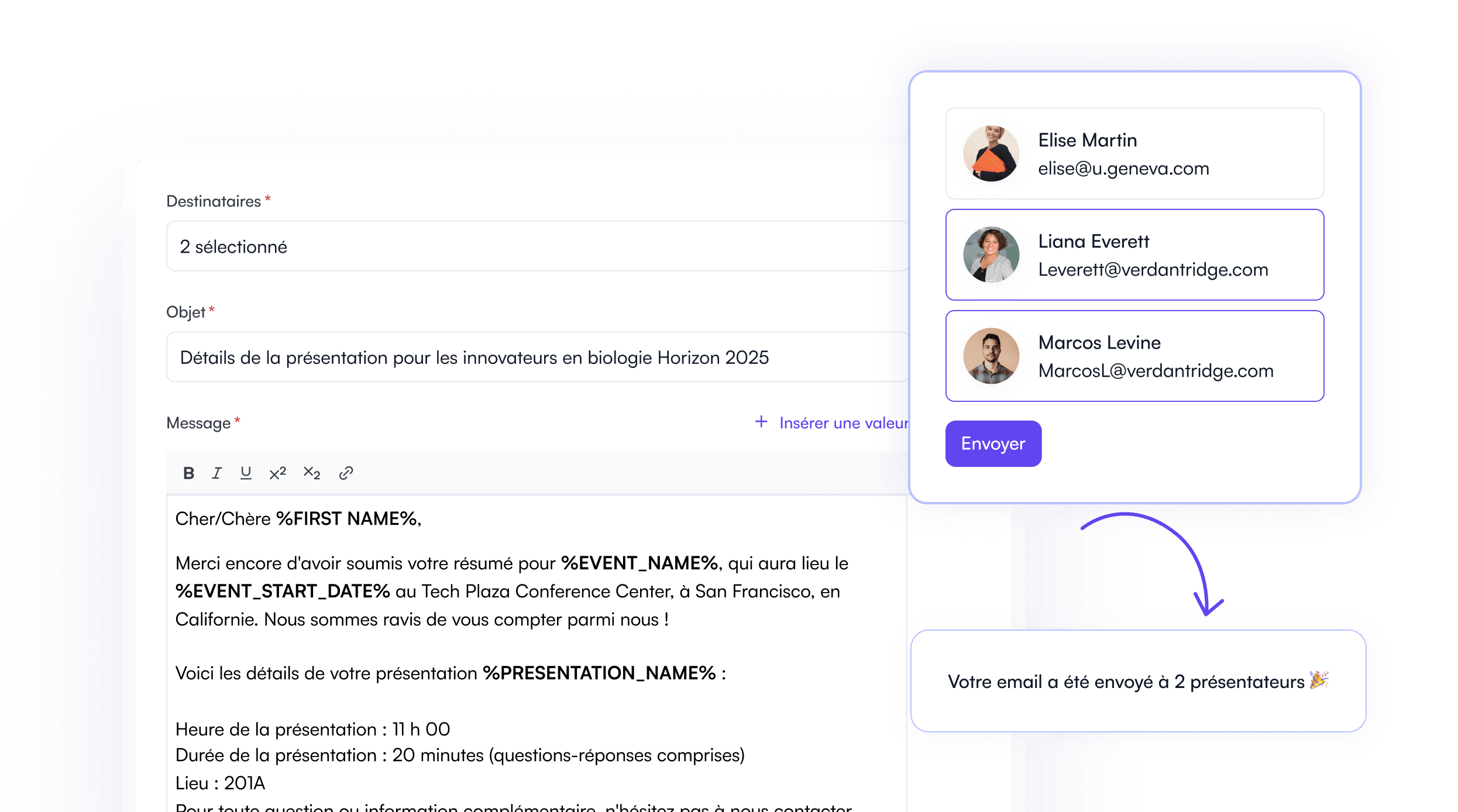 Outils de courriel aux présentateurs dans l'éditeur d'horaire Fourwaves