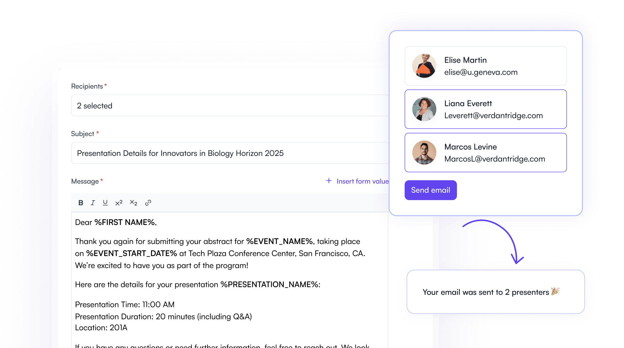 Presenter email tools in the Fourwaves schedule builder