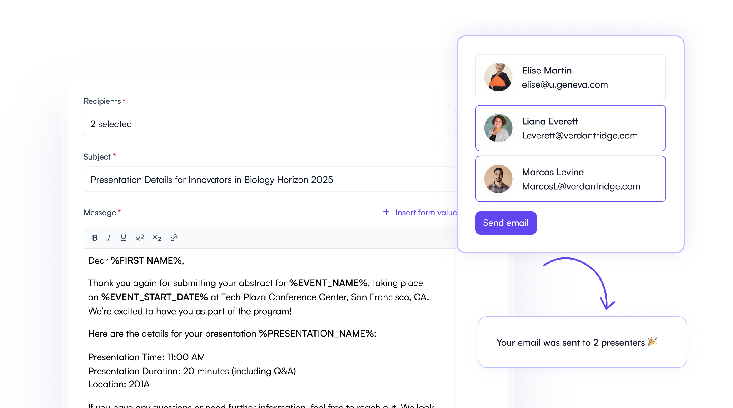 Presenter email tools in the Fourwaves schedule builder