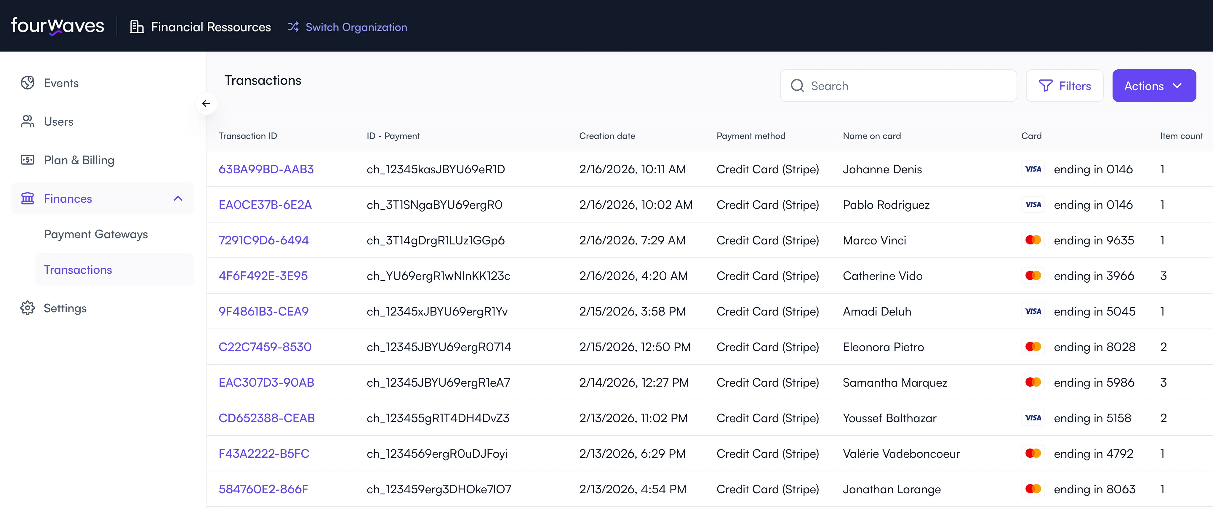 Finance Transaction Table Fourwaves (Fake data shown)