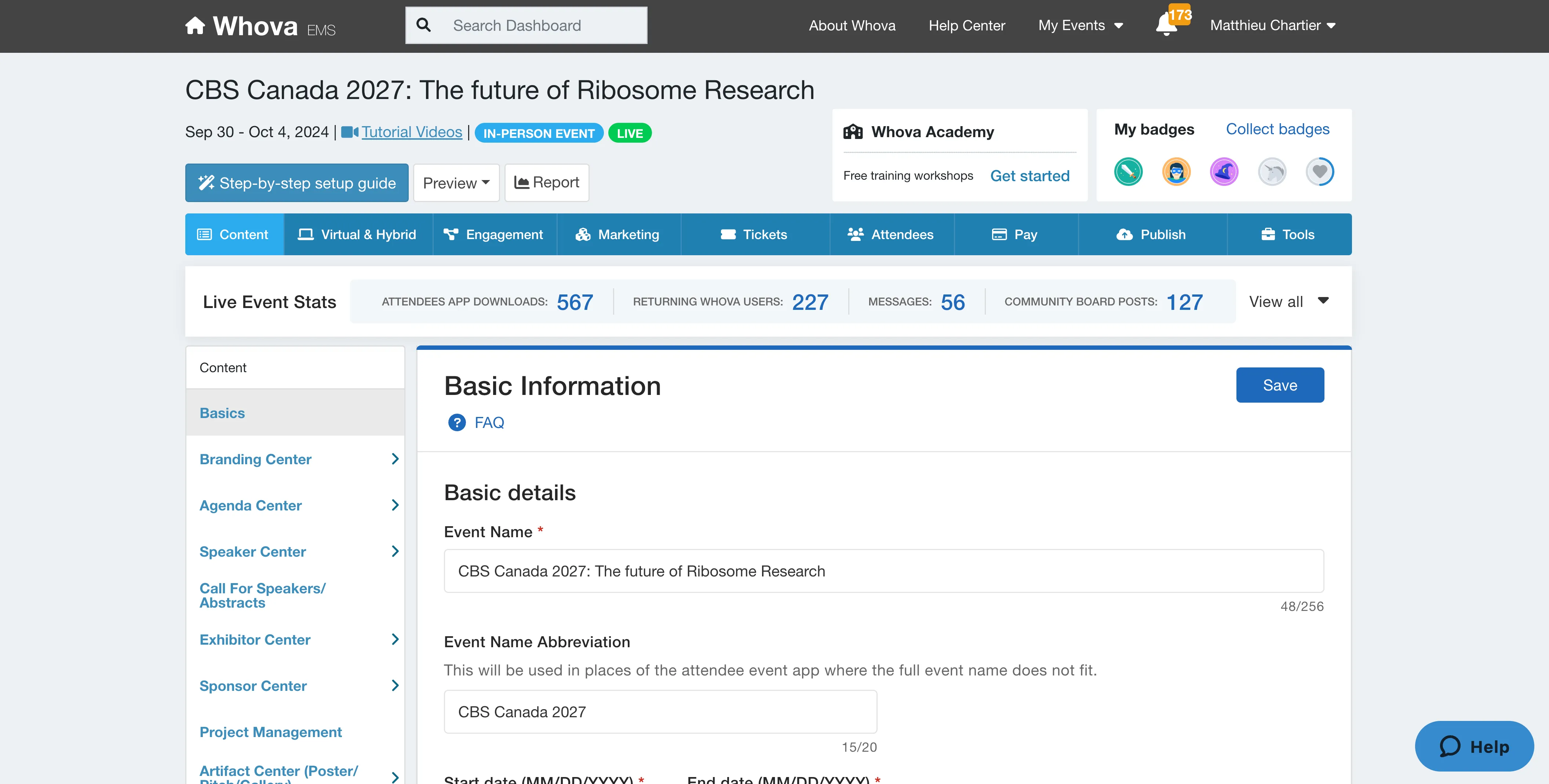 Whova organizer dashboard listing event setup features and engagement tools