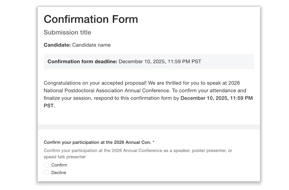 Whova presenter confirmation form for capturing speaker acceptance confirmations
