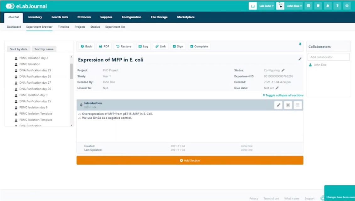 eLabJournal experiement browser screenshot
