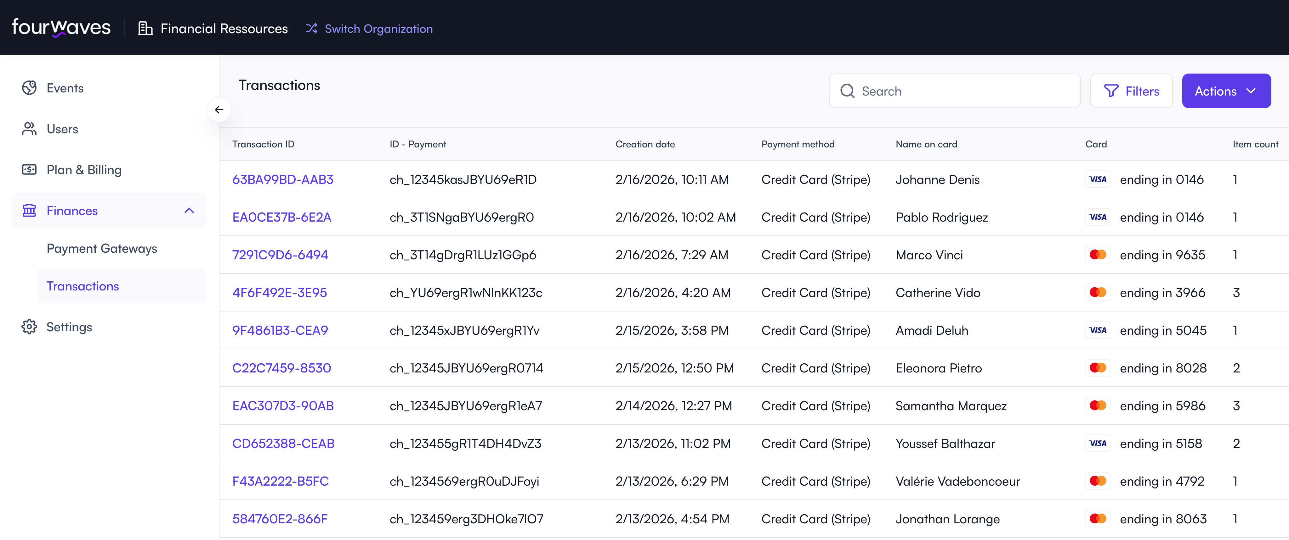 Finance Transaction Table Fourwaves (Fake data shown)