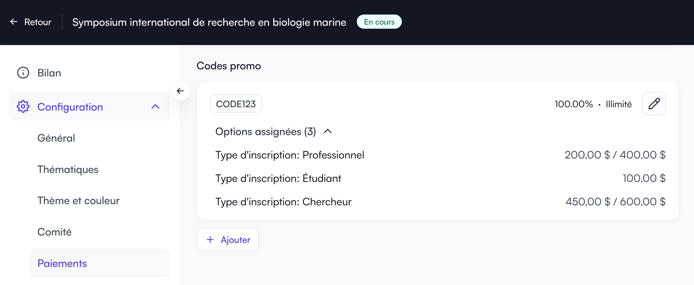 Section des codes promo