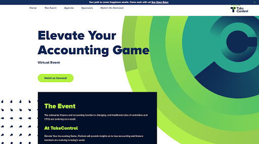 Home page with the menu of the Take control event